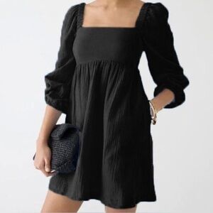 J. Crew Black Soft Gauze Squareneck Cotton Blend Long Sleeve Dress XL BG502
